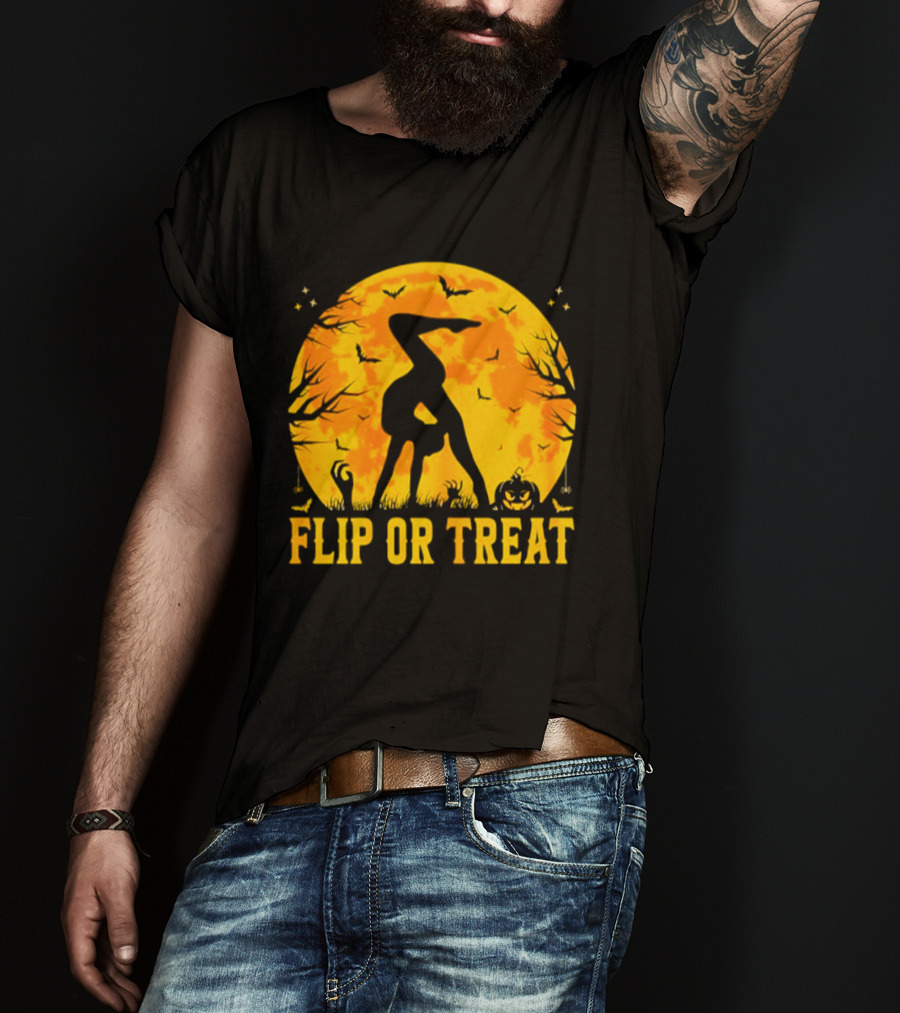 Flip Or Treat Halloween Gymnastics Moon Silhouette Spooky Pumpkin T-Shirt