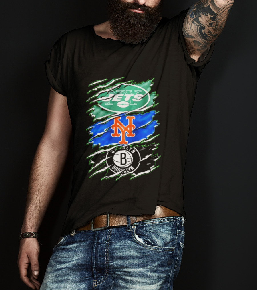 New York Jets Mets Brooklyn Nets Scratch Logo Mashup T-Shirt