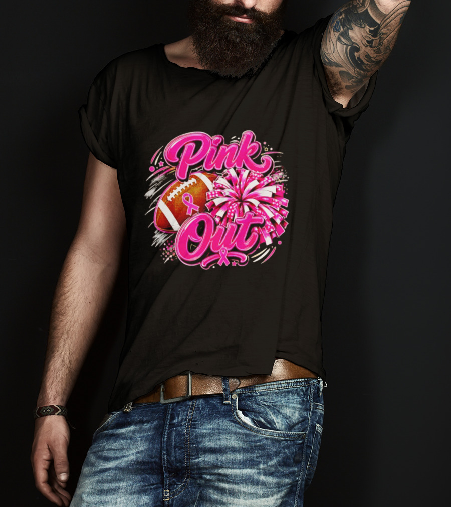 Pink Out Breast Cancer Awareness Football Cheerleading Pom Poms T-Shirt