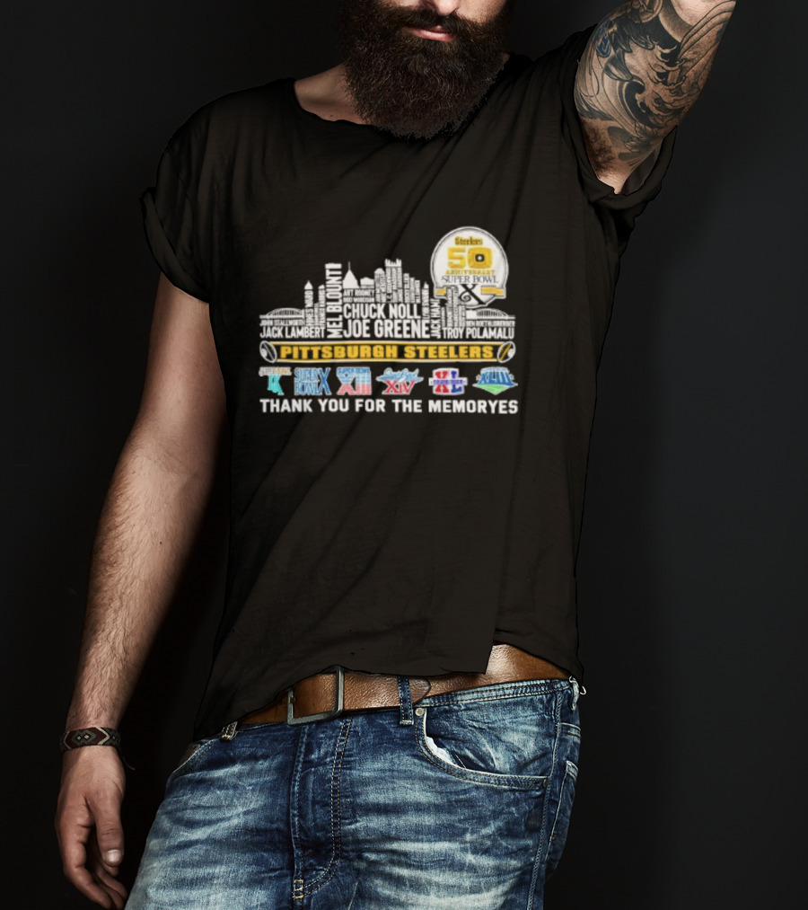 Pittsburgh Steelers Skyline 50th Anniversary Super Bowl Logos Thank You For The Memories T-Shirt