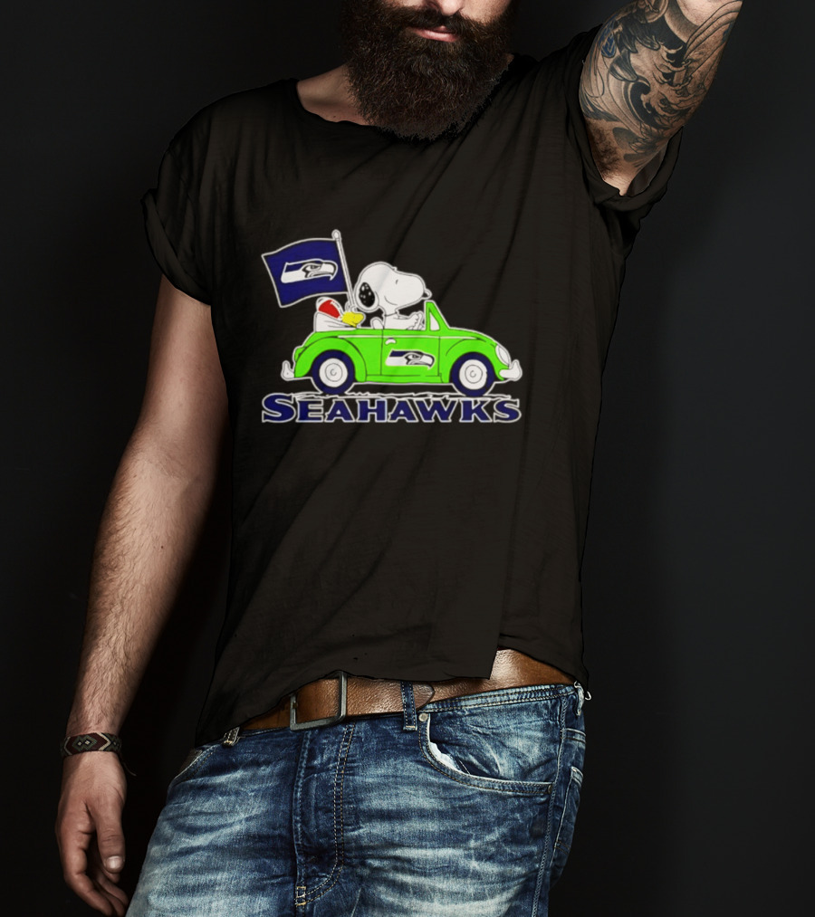 Snoopy In Volkswagen Beetle With Seattle Seahawks Flag 2026 Season T-Shirt