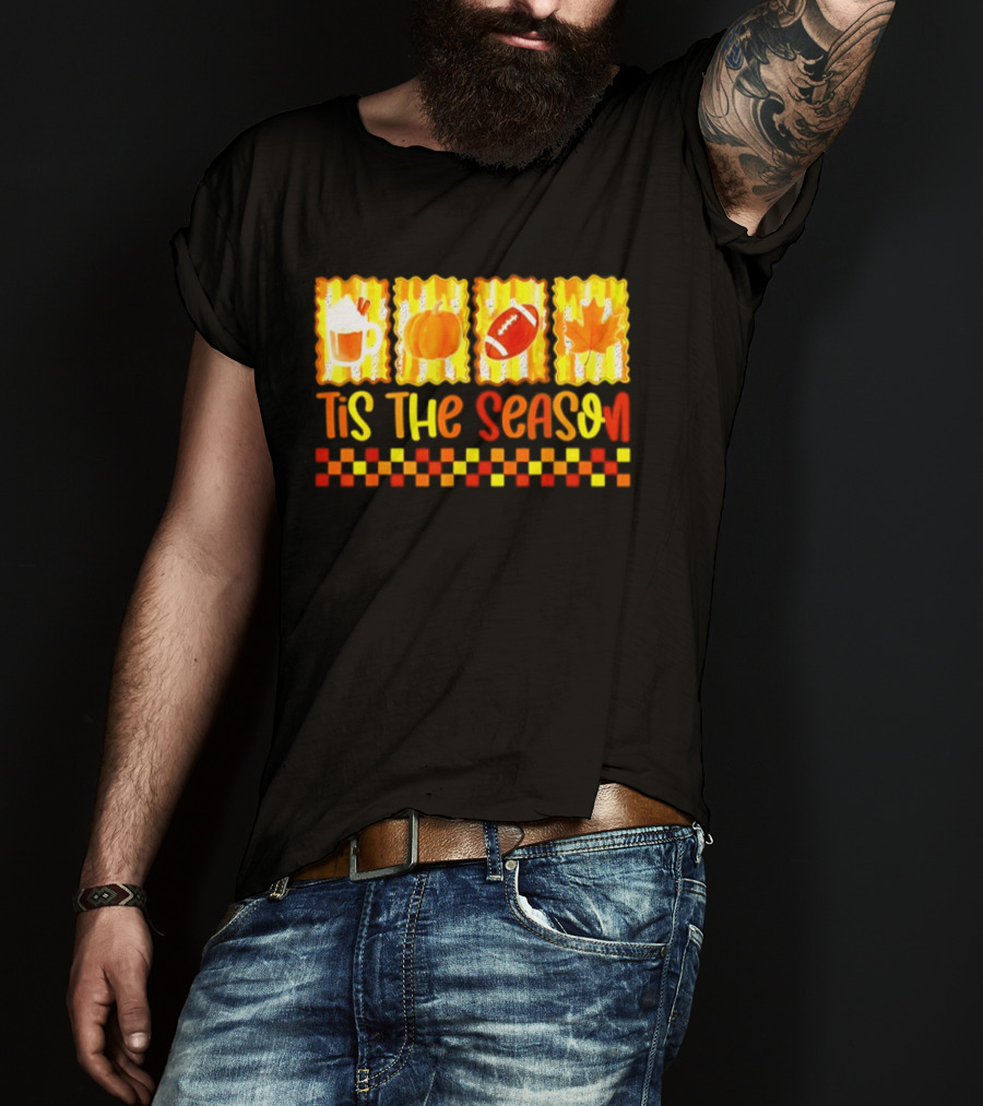 Tis The Season Pumpkin Coffee Football Leaf Halloween T-Shirt