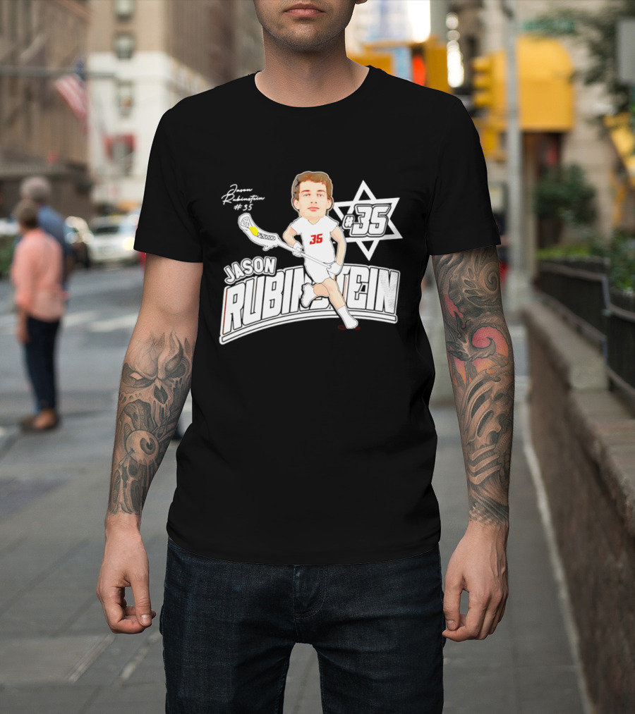 Jason Rubinstein Number 35 Lacrosse Jewish Star Caricature NCAA Rhodes T-Shirt