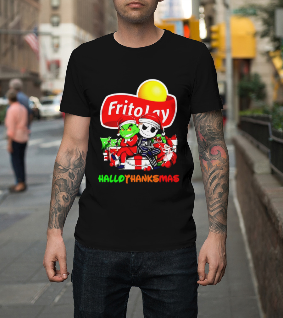 Frito Lay Grinch Jack Skellington Hallothanksmas 2026 Christmas Santa Hats T-Shirt