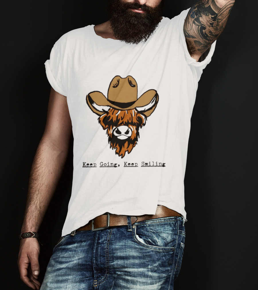 Highland Cow Cowboy Hat Keep Going Keep Smiling Vintage Look T-Shirt