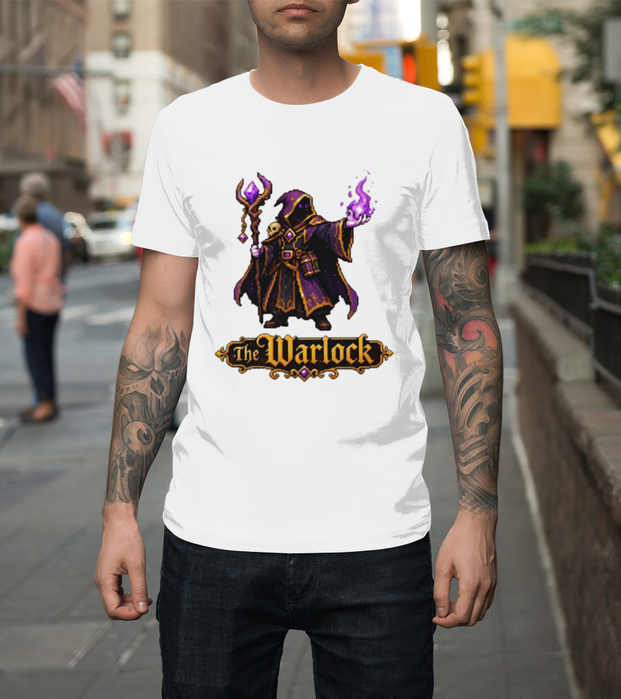 The Warlock Pixel Fantasy Mage RPG Cloaked Wizard With Staff And Magic Spell T-Shirt