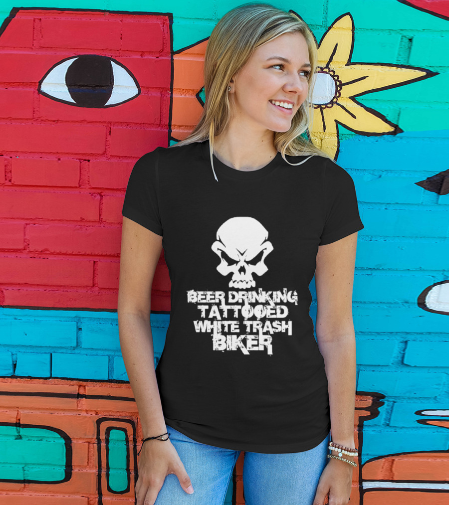 Beer Drinking Tattooed White Trash Biker Skull T-Shirt