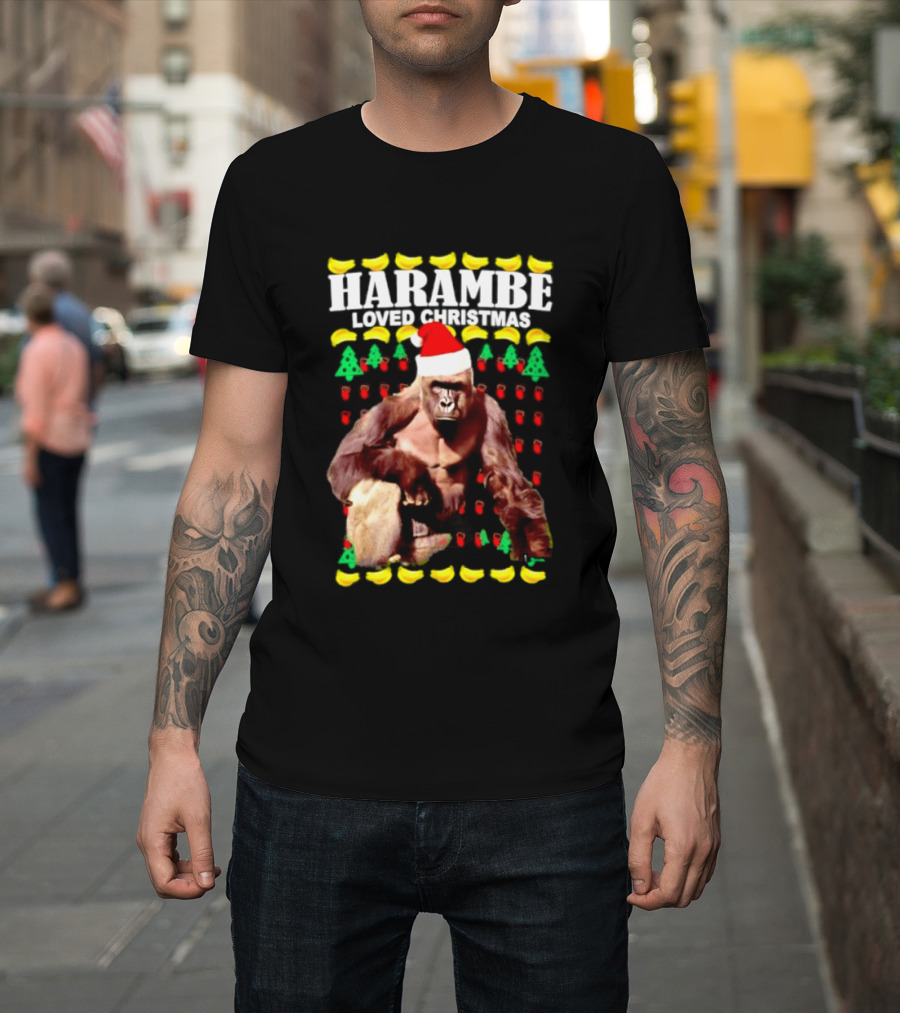 Harambe Loved Christmas Gorilla In Santa Hat With Bananas And Trees T-Shirt