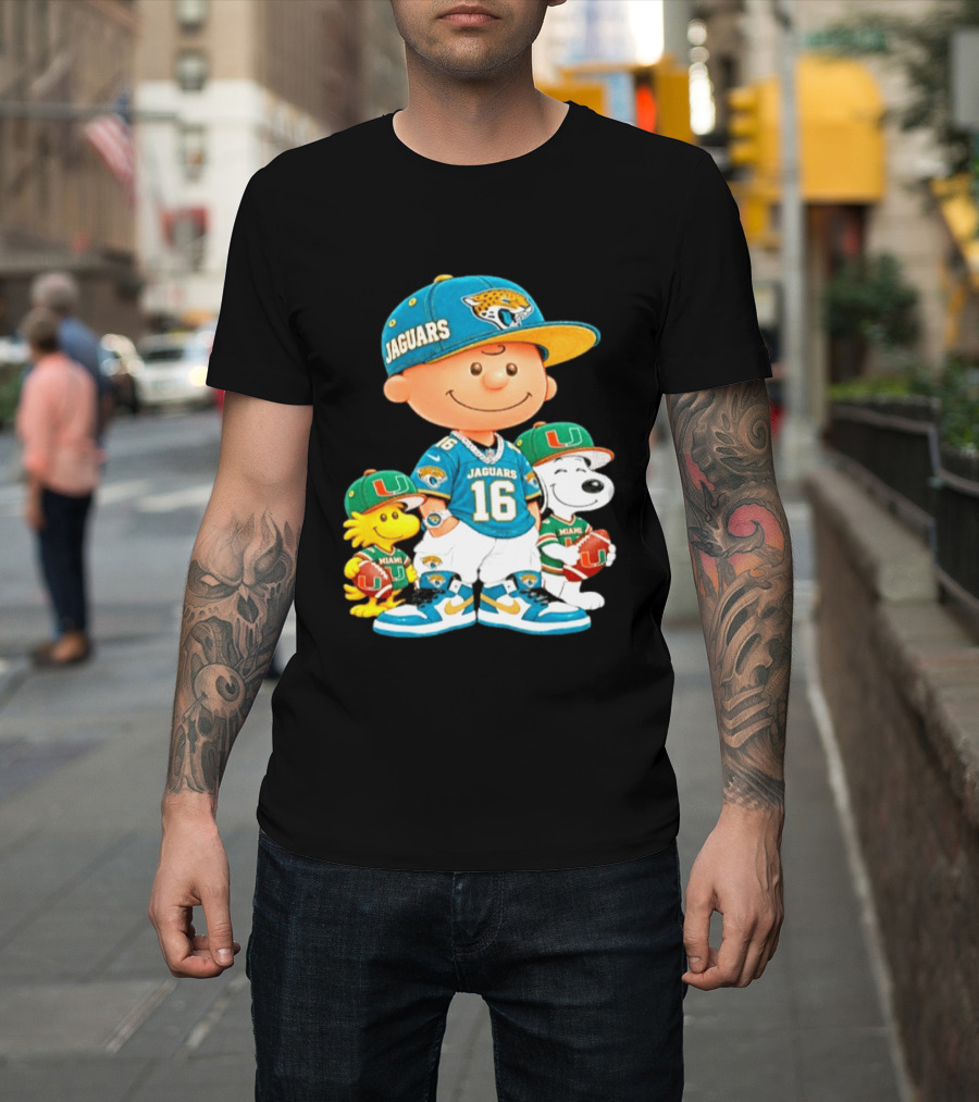Peanuts Charlie Brown Snoopy Woodstock Jacksonville Jaguars Miami Hurricanes Football Fan Gear T-Shirt