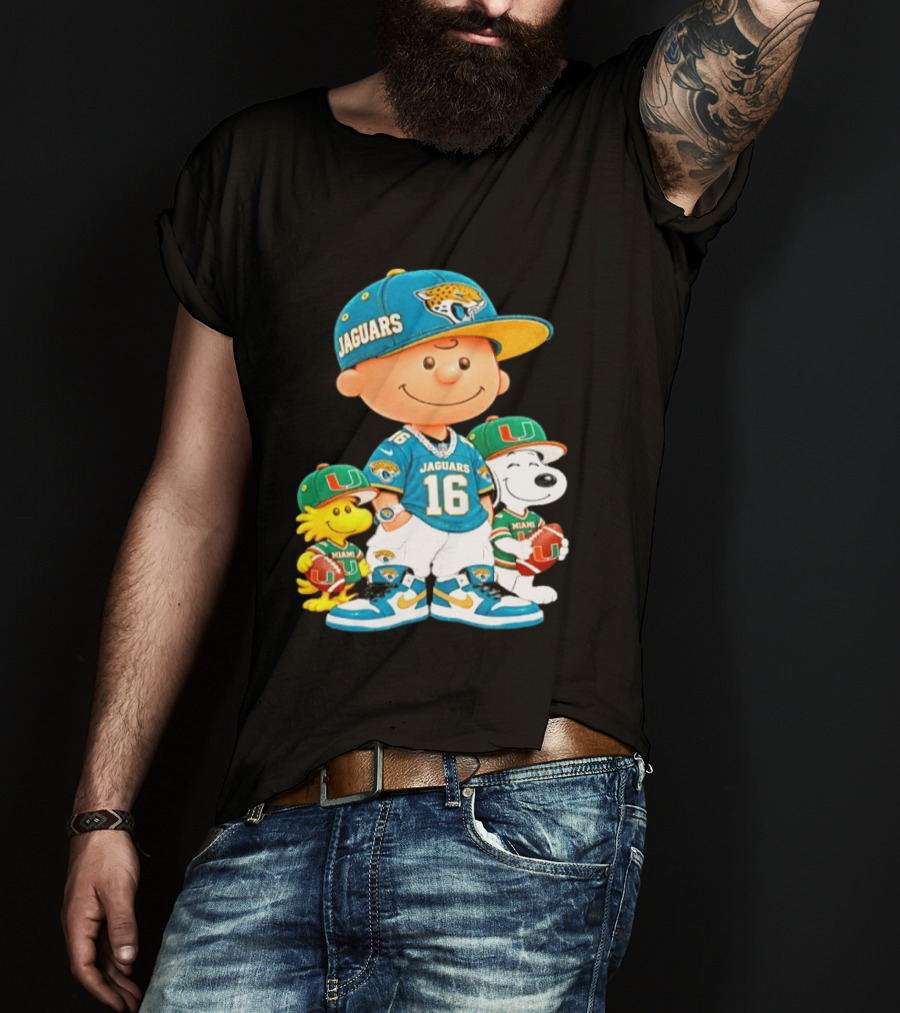 Peanuts Charlie Brown Snoopy Woodstock Jacksonville Jaguars Miami Hurricanes Football Fan Gear T-Shirt