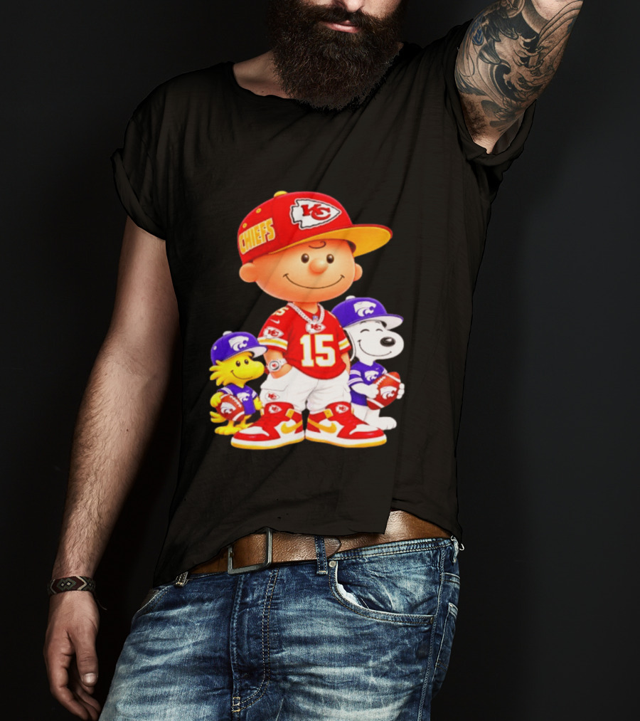 Charlie Brown Snoopy Woodstock Kansas City Chiefs 15 Football Peanuts Characters NFL Team Sports Gear T-Shirt