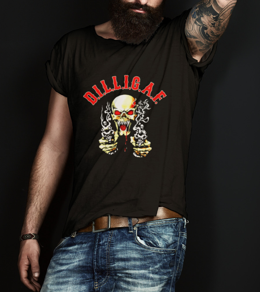 DILLIGAF Skull With Red Eyes Smoking Guns T-Shirt
