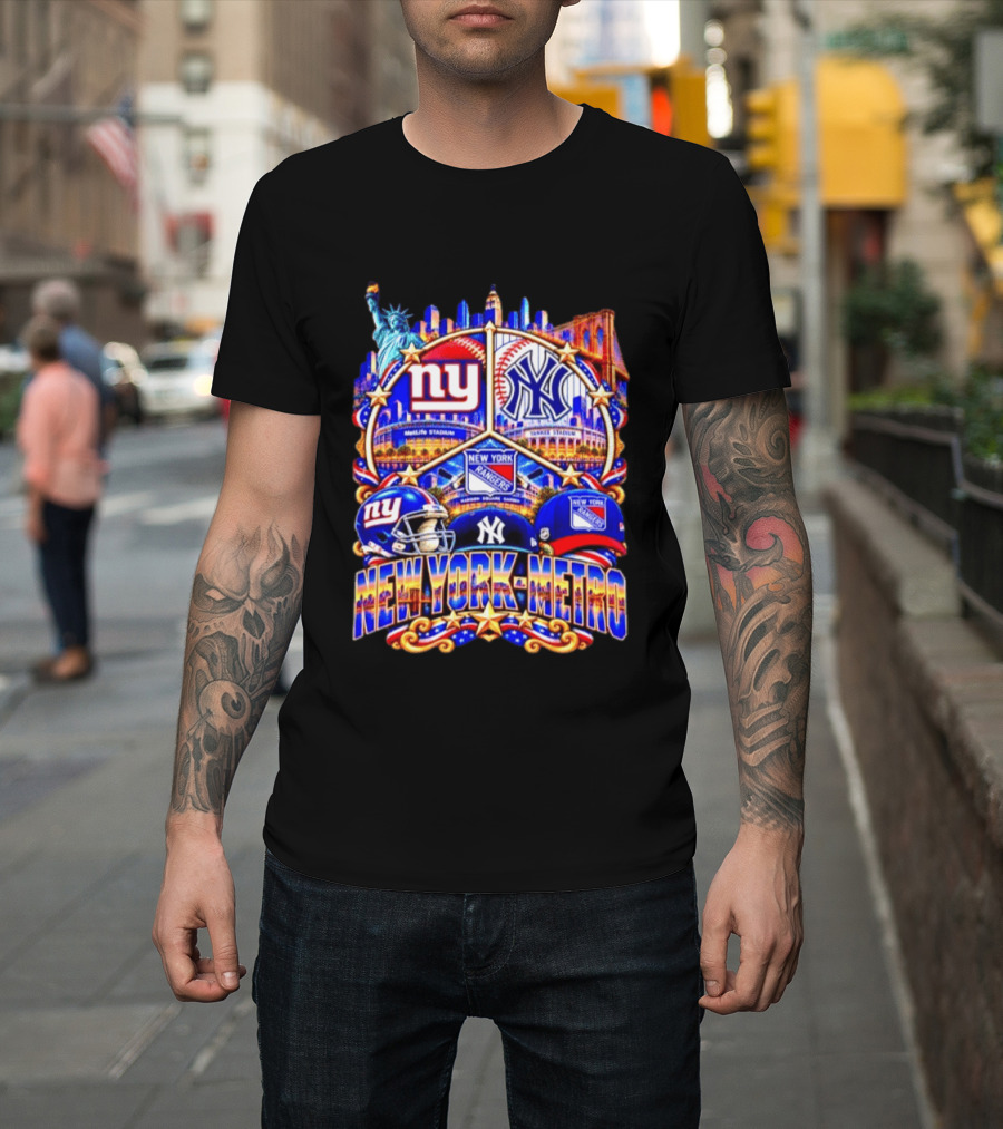 New York Metro Giants Yankees Rangers Skyline Stadium Statue Liberty T-Shirt