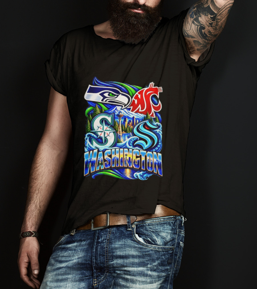 Seattle Seahawks Washington State Cougars Mariners Kraken Washington Skyline T-Shirt