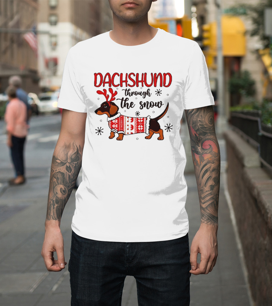 Dachshund Through The Snow Christmas Dog Lover Reindeer Antlers Winter Holiday Sweater T-Shirt