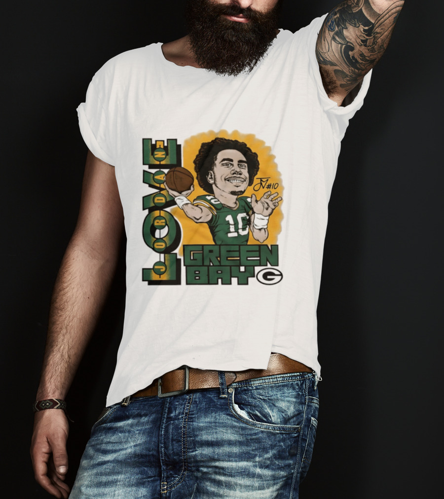 Green Bay Packers Jordan Love Caricature Player Number 10 Football T-Shirt