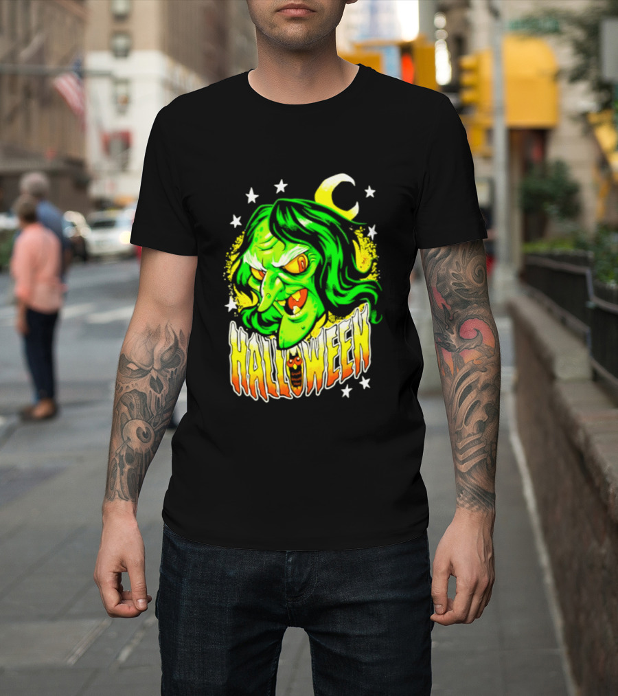Halloween Witch Green Face Crescent Moon And Stars T-Shirt