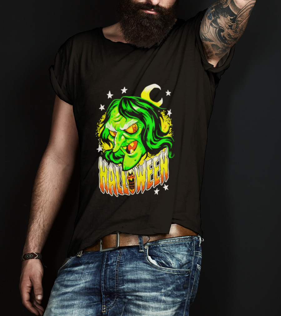 Halloween Witch Green Face Crescent Moon And Stars T-Shirt