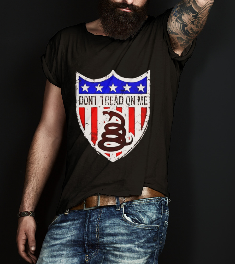 Dont Tread On Me American Flag Shield Gadsden Snake T-Shirt
