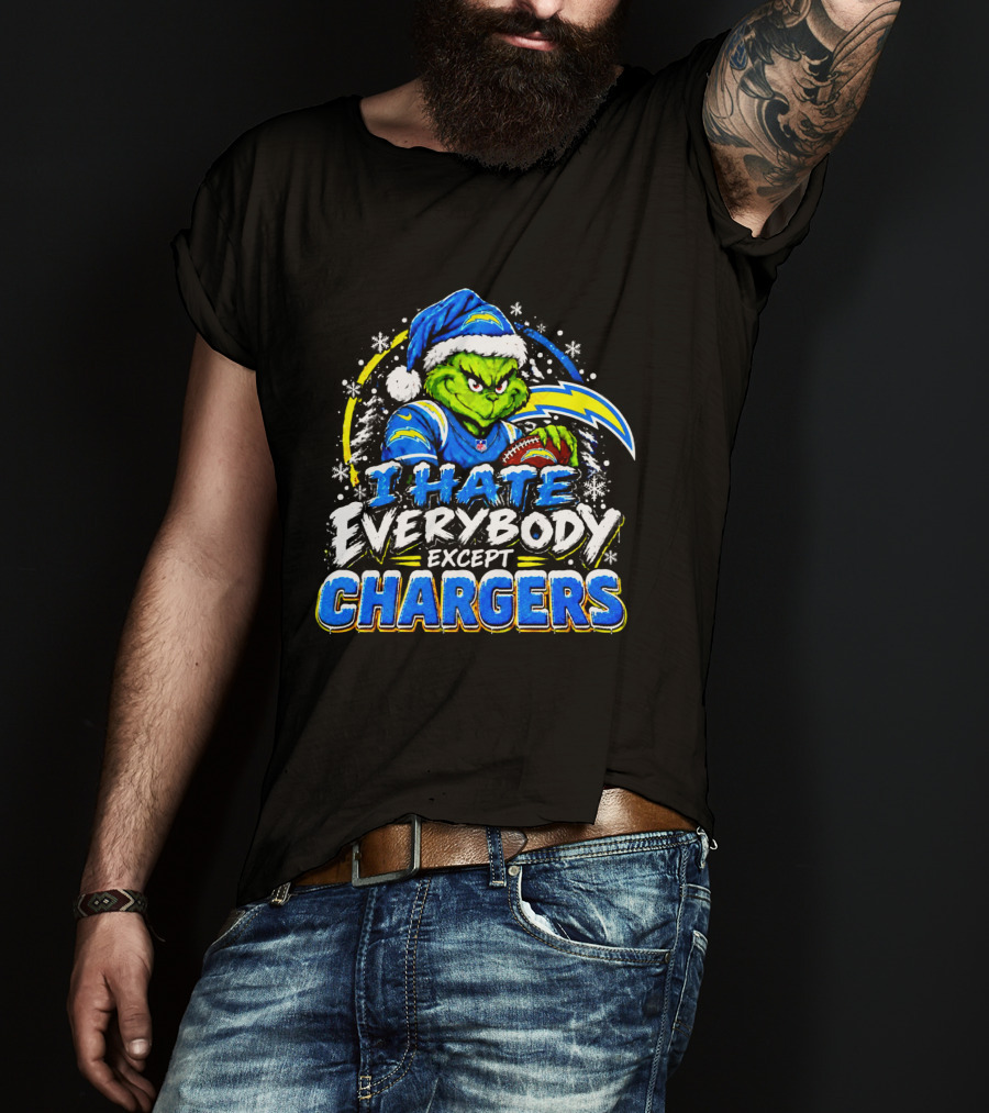 Los Angeles Chargers Grinch Christmas I Hate Everybody Except Chargers Fans Holiday T-Shirt