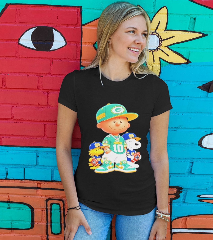 Peanuts Green Bay Packers Notre Dame Fighting Irish Football Characters Charlie Brown Snoopy Woodstock T-Shirt
