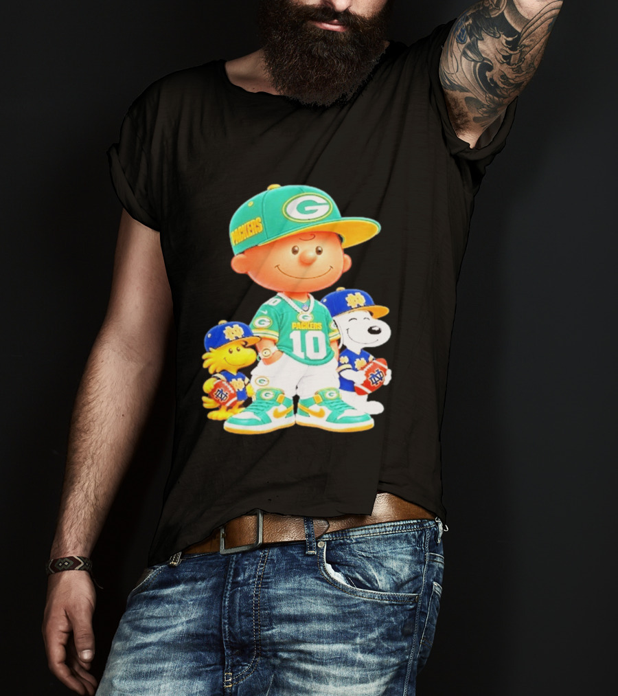 Peanuts Green Bay Packers Notre Dame Fighting Irish Football Characters Charlie Brown Snoopy Woodstock T-Shirt