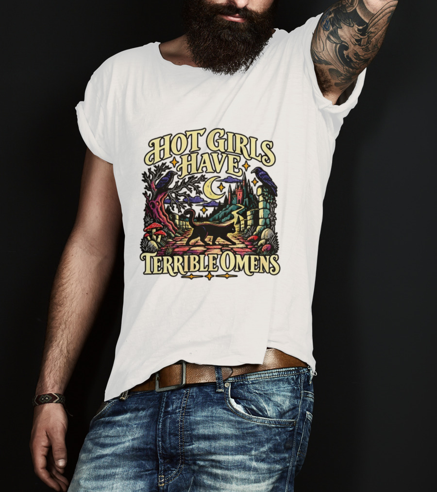 Hot Girls Have Terrible Omens Gothic Cat Halloween Scene T-Shirt