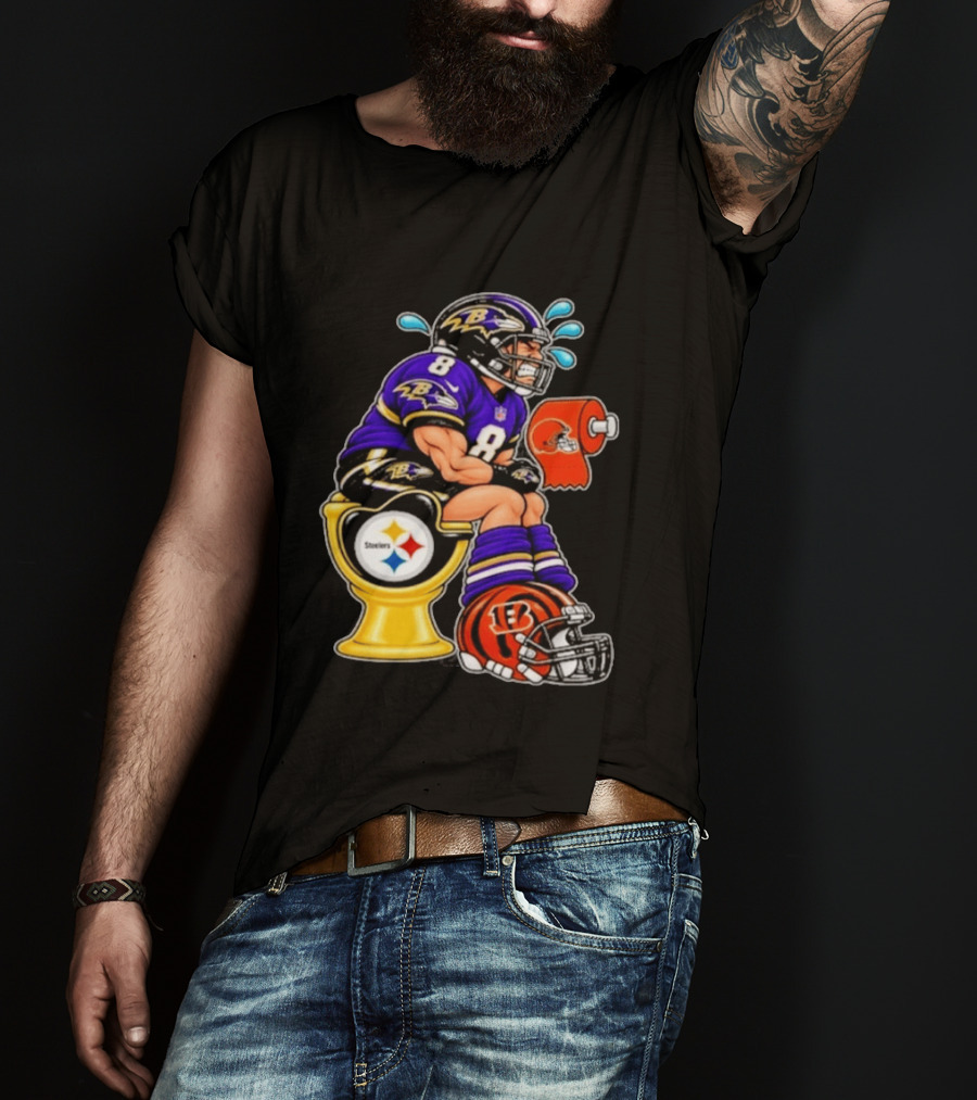 Baltimore Ravens Lamar Jackson On Steelers Toilet With Browns Toilet Paper And Bengals Helmet T-Shirt