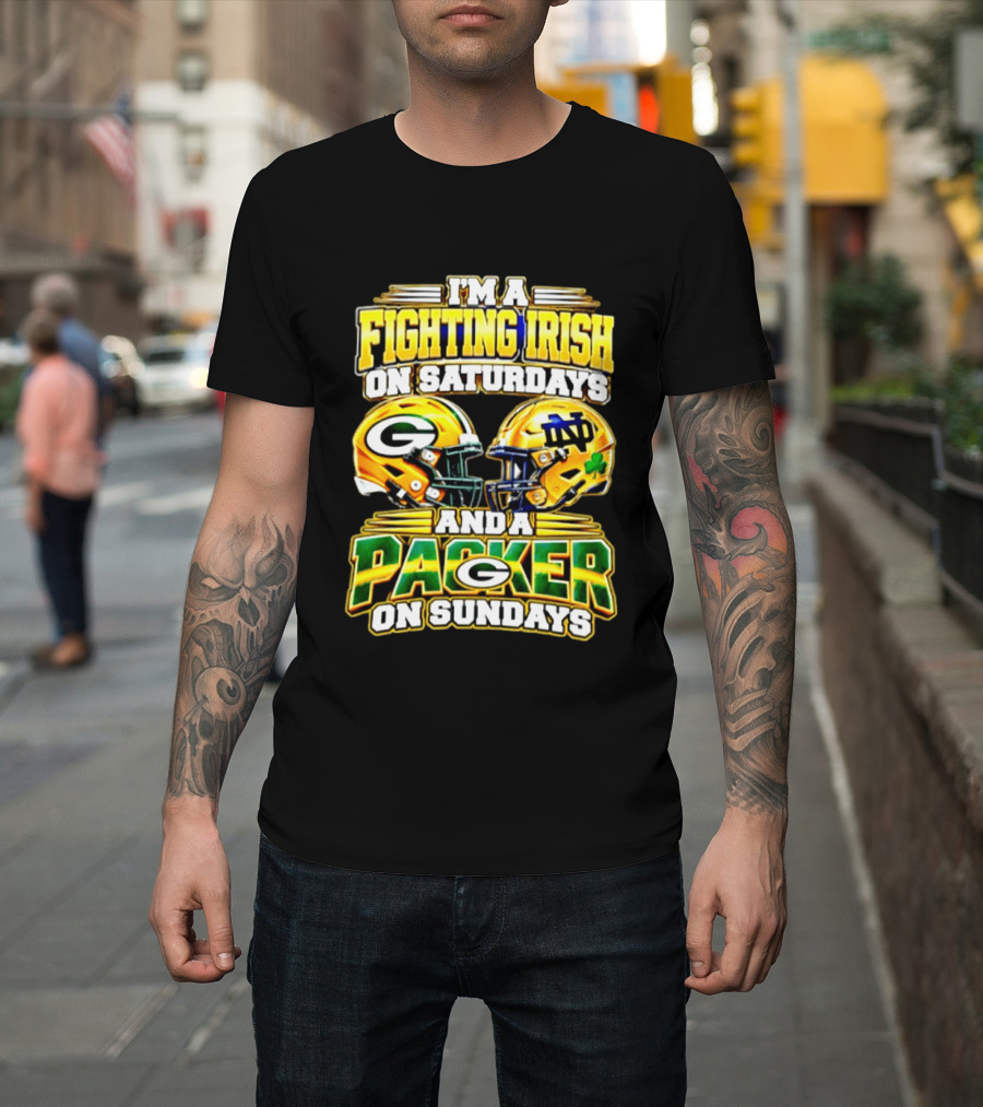 I'm A Fighting Irish On Saturdays And A Packer On Sundays Football Helmet T-Shirt
