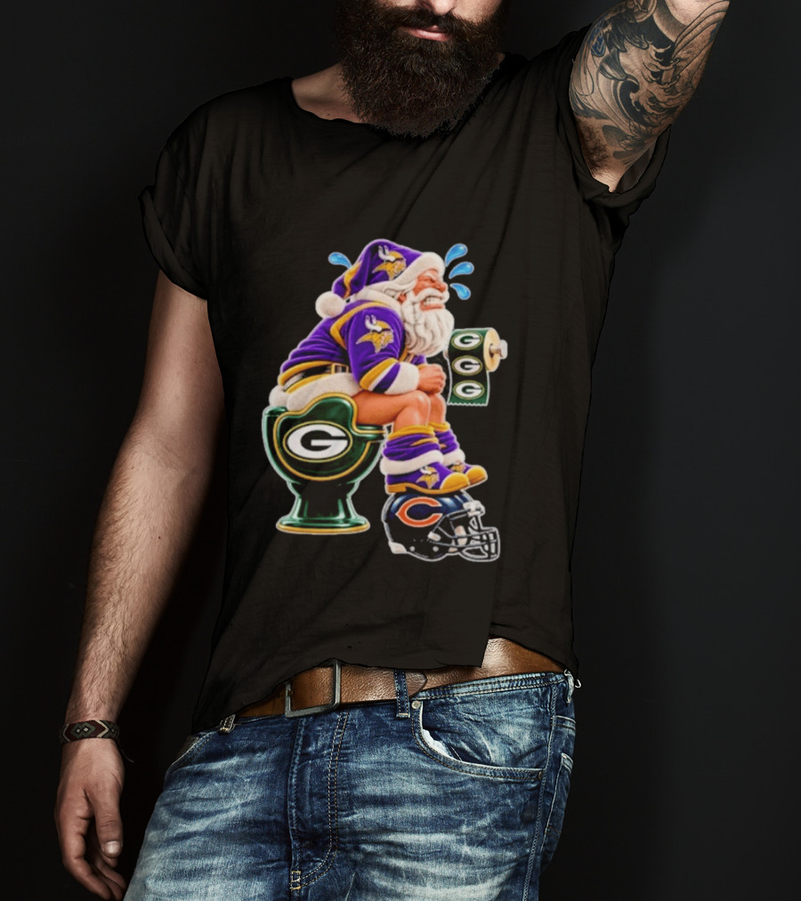 Minnesota Vikings Santa With Green Bay Packers Toilet And Chicago Bears Helmet Christmas Football T-Shirt