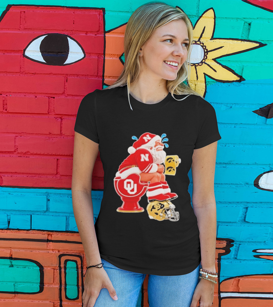 Nebraska Santa On Oklahoma Toilet With Iowa Toilet Paper And Colorado Helmet Football Rivalry Humor T-Shirt
