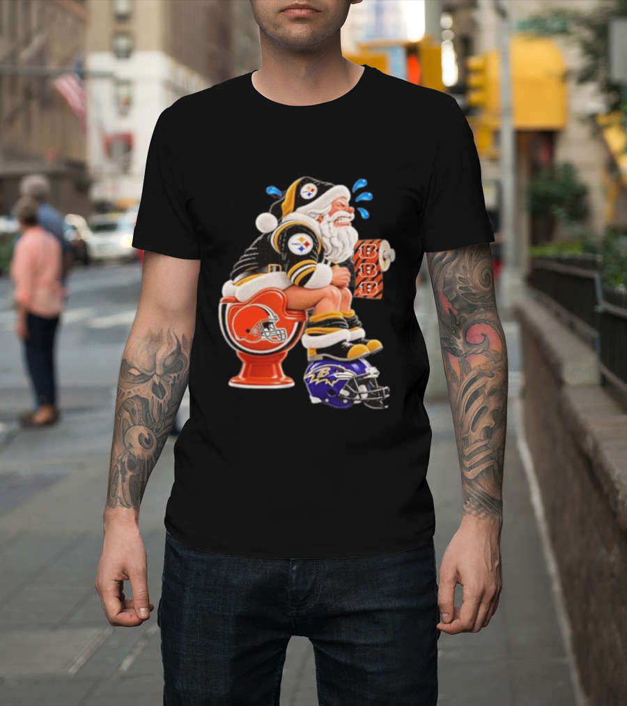 Pittsburgh Steelers Santa Christmas Cleveland Browns Toilet Baltimore Ravens Helmet Cincinnati Bengals Toilet Paper Football T-Shirt