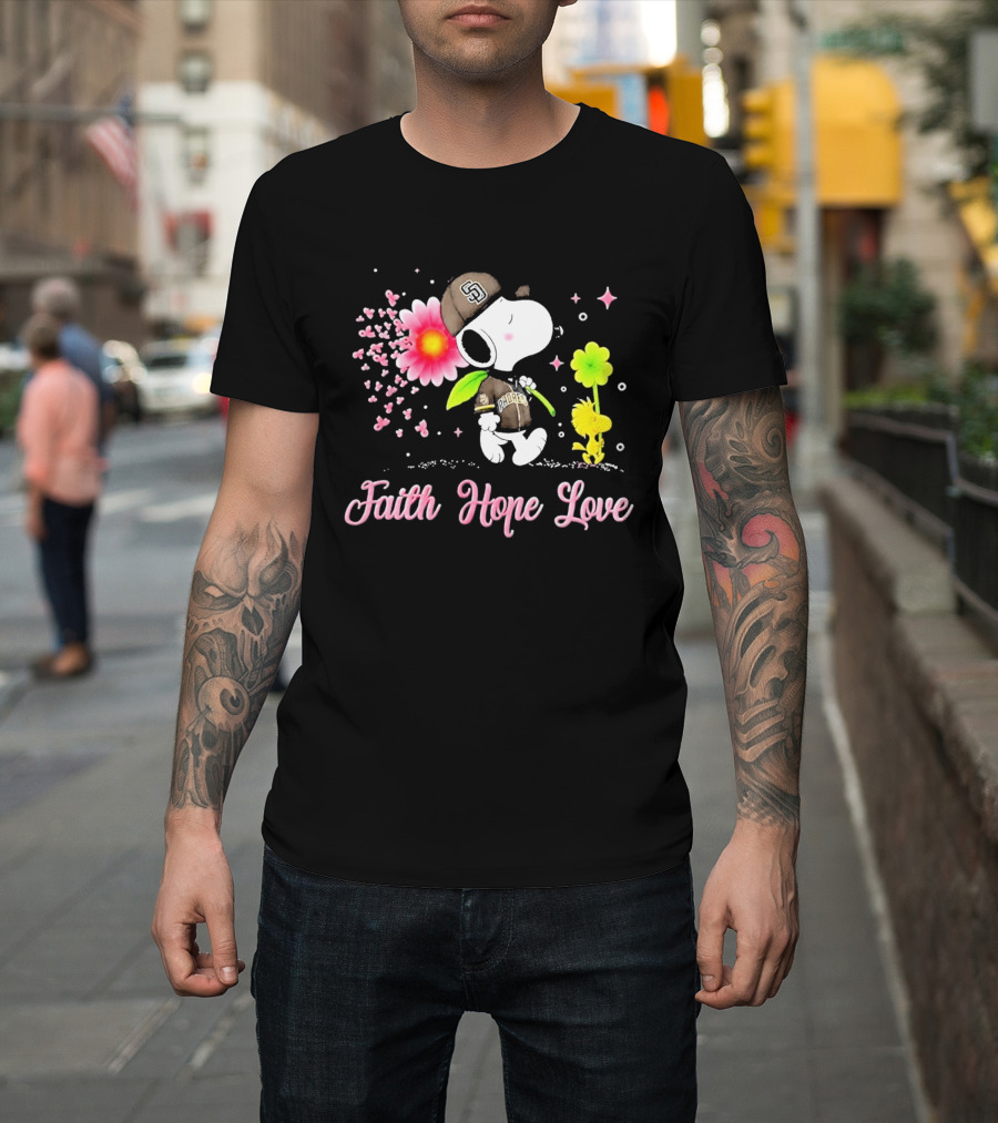 Snoopy San Diego Padres Faith Hope Love Breast Cancer Awareness T-Shirt