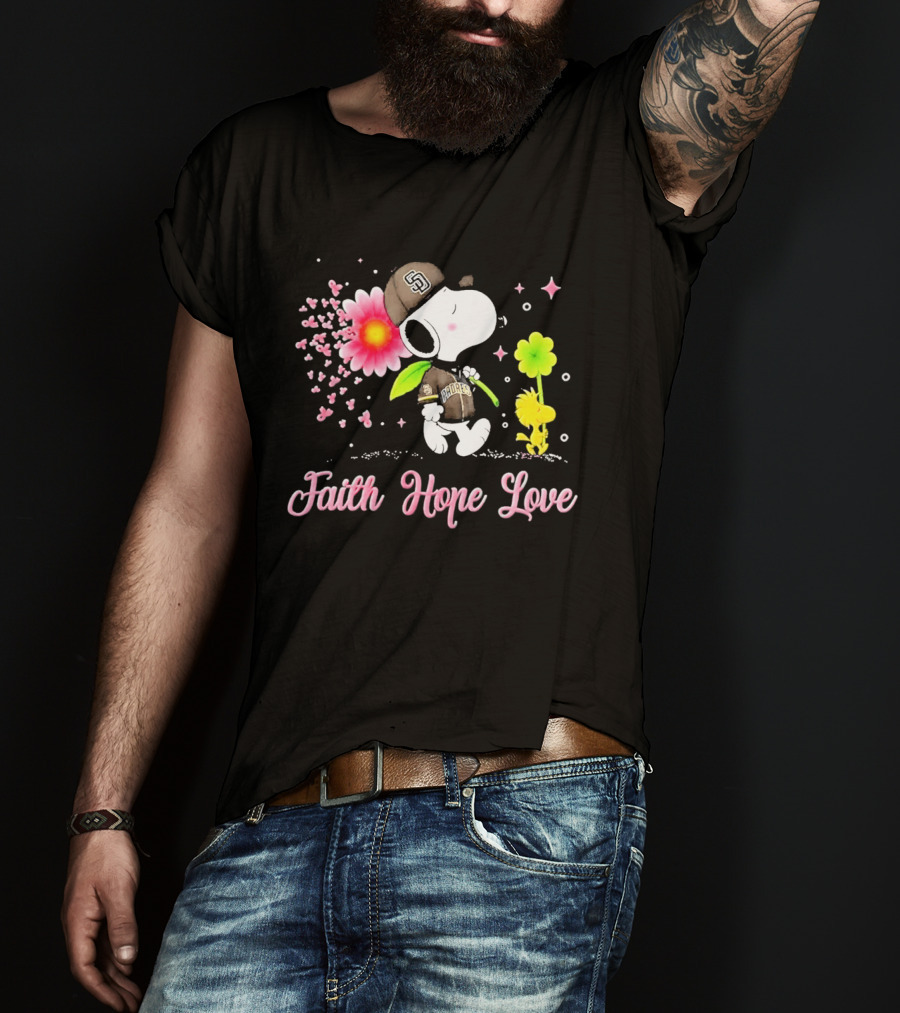 Snoopy San Diego Padres Faith Hope Love Breast Cancer Awareness T-Shirt
