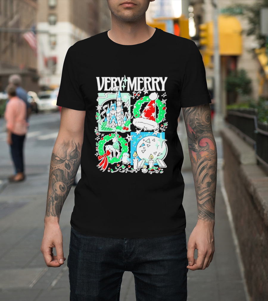 Very Merry 2026 Christmas Disney Castle Holiday Wreath And Santa Hat Candles T-Shirt
