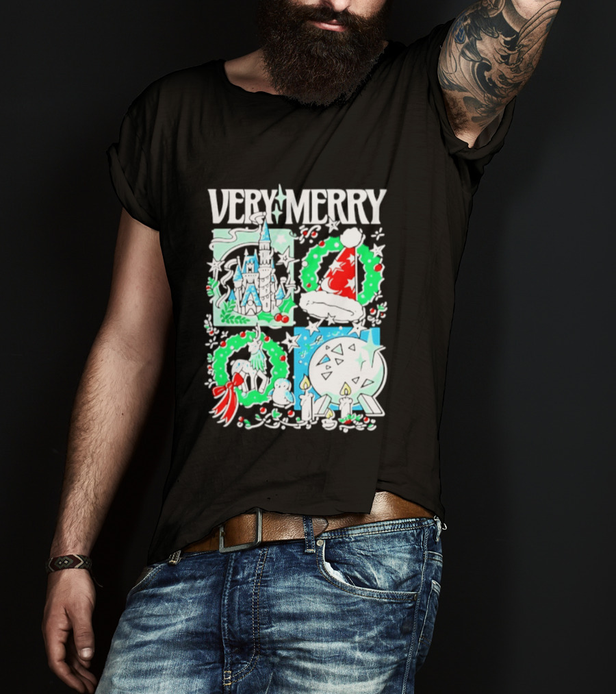 Very Merry 2026 Christmas Disney Castle Holiday Wreath And Santa Hat Candles T-Shirt