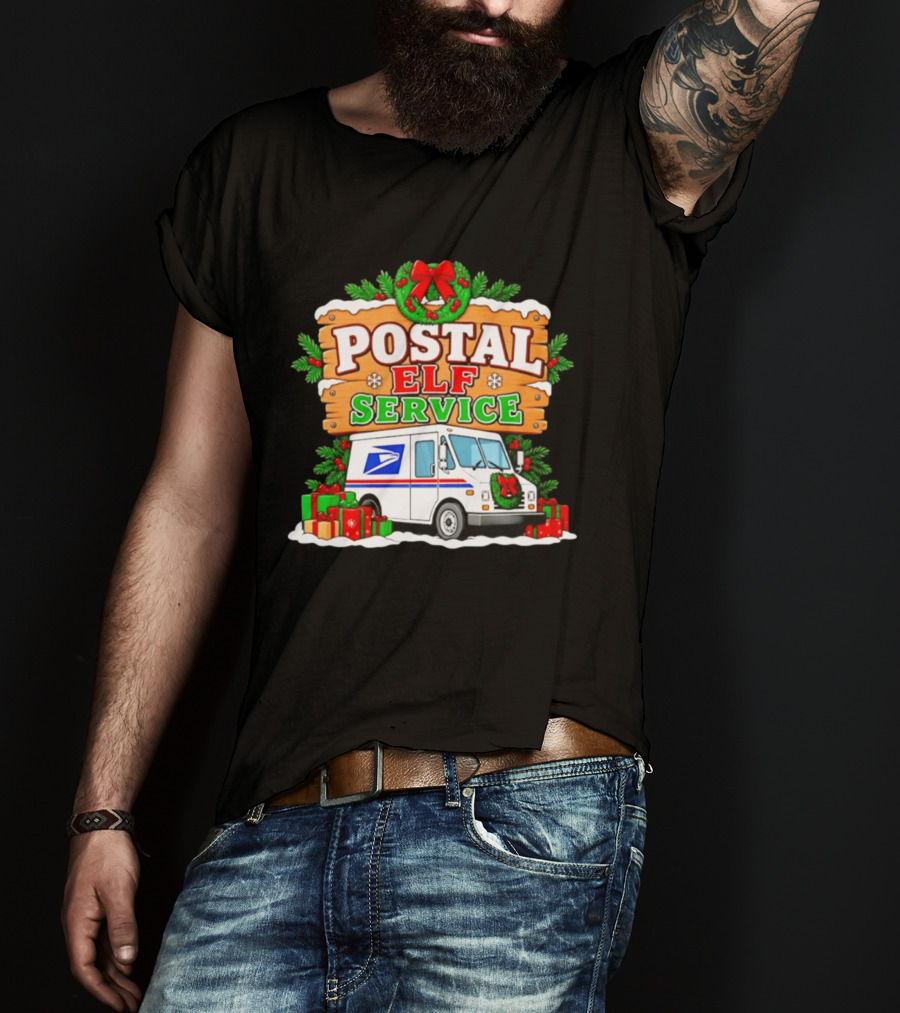 USPS Christmas Postal Elf Service Truck Wreath And Holiday Gifts T-Shirt
