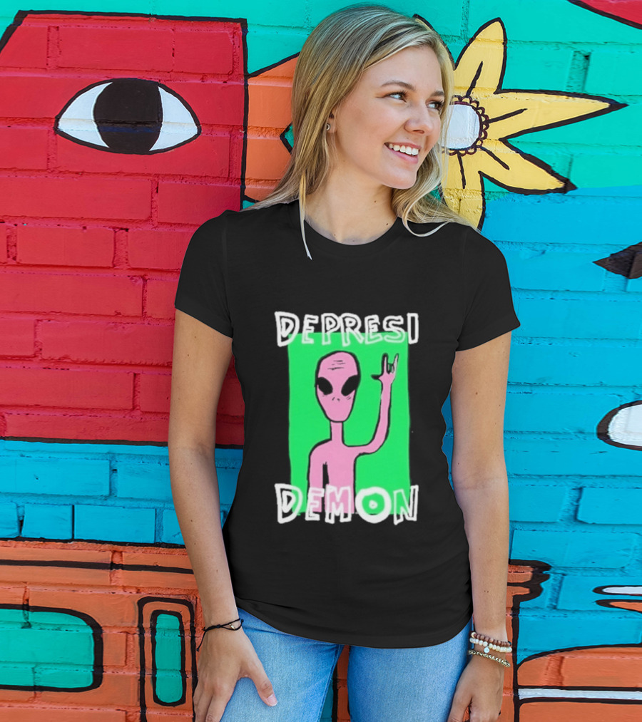 Depresi Demon Pink Alien Rock On Meme T-Shirt