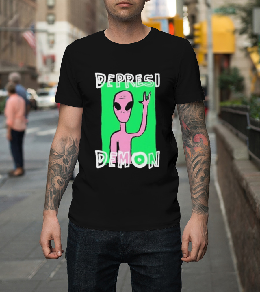 Depresi Demon Pink Alien Rock On Meme T-Shirt