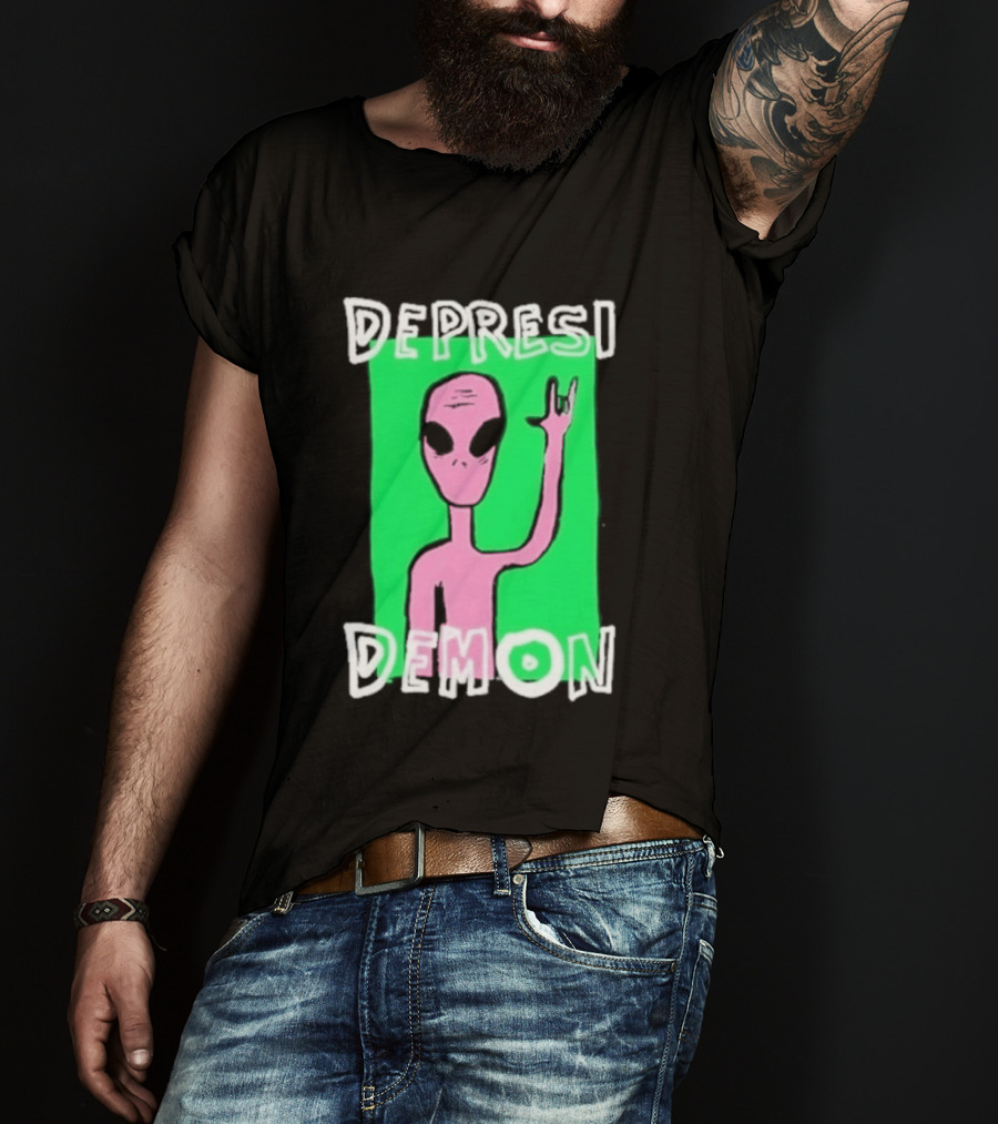 Depresi Demon Pink Alien Rock On Meme T-Shirt