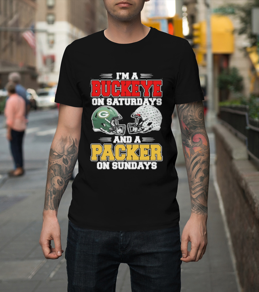 Buckeye On Saturdays Packer On Sundays Football Helmets T-Shirt