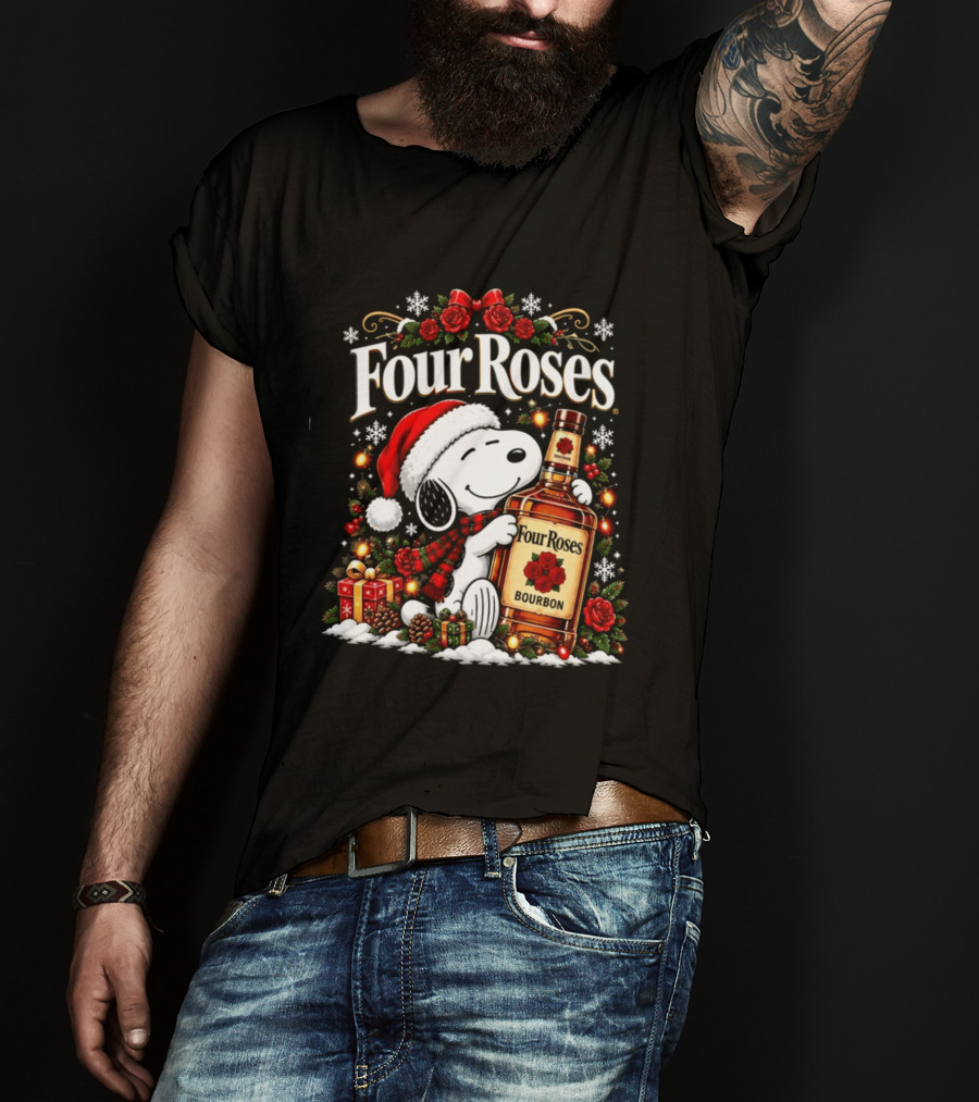 Four Roses Christmas 2026 Bourbon Snoopy Santa Hat Festive Cheer T-Shirt