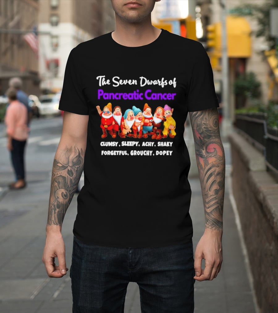 The Seven Dwarfs Of Pancreatic Cancer Clumsy Sleepy Achy Shaky Forgetful Grouchy Dopey Characters T-Shirt