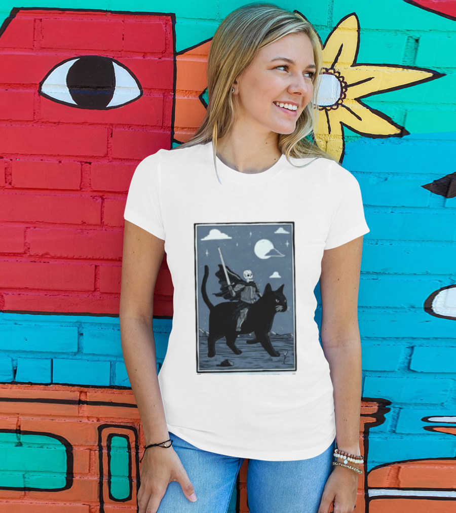 Skeleton Knight On Black Cat Under Moon And Stars Idle Hands Invite Mischief T-Shirt