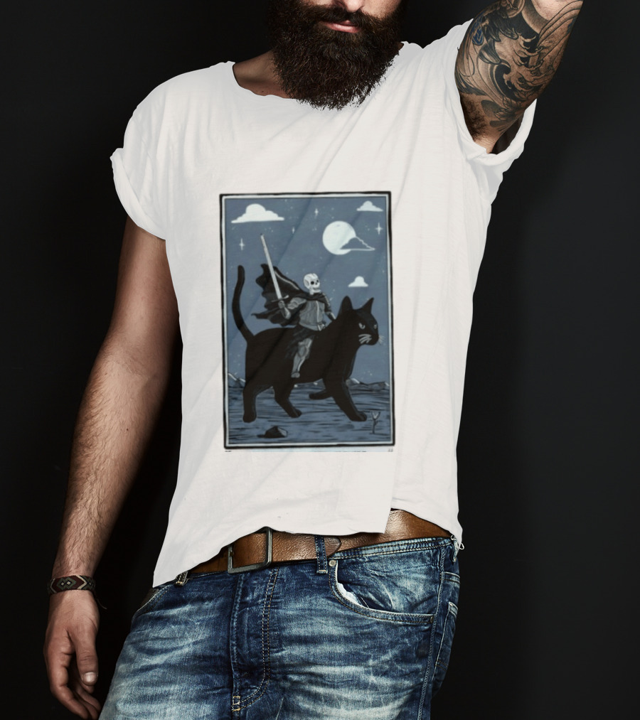 Skeleton Knight On Black Cat Under Moon And Stars Idle Hands Invite Mischief T-Shirt