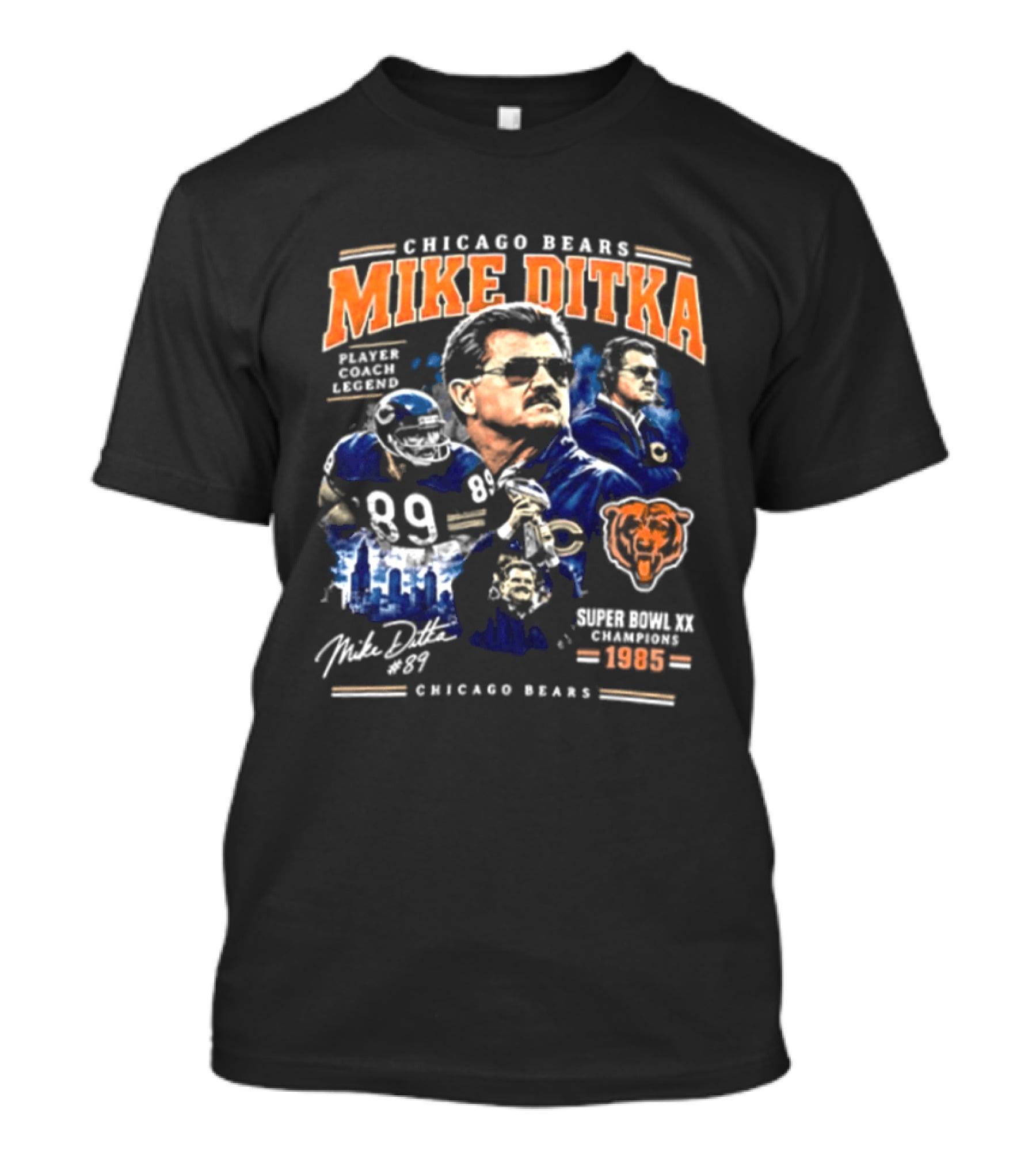 Chicago Bears Mike Ditka 89 Player Coach Legend 1985 Football 2 Sided T-Shirt