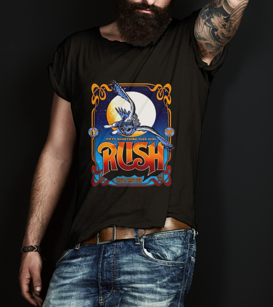 Rush Fifty Something Tour 2026 Seattle WA Climate Pledge Arena October 10th 12th Owl Lithograph T-Shirt