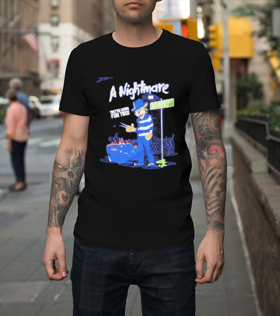 A Nightmare On State St They're Going For Two Cat Character In Blue And White Stripes T-Shirt