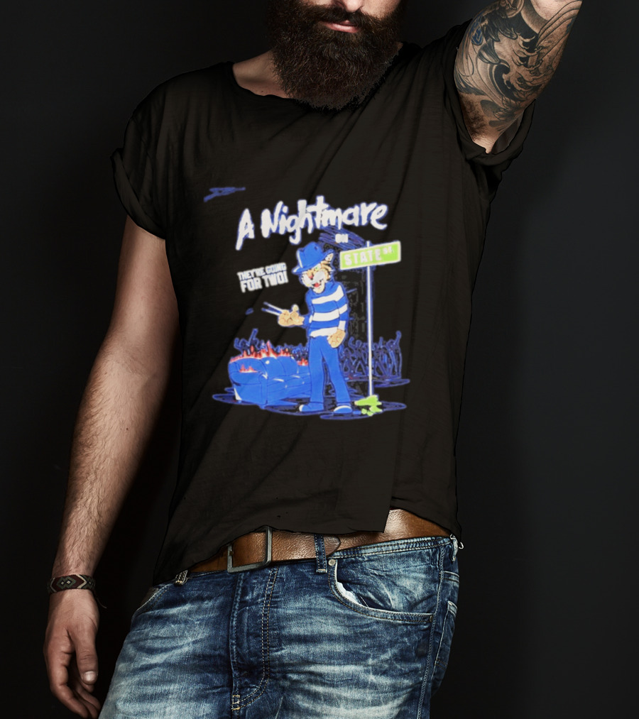 A Nightmare On State St They're Going For Two Cat Character In Blue And White Stripes T-Shirt