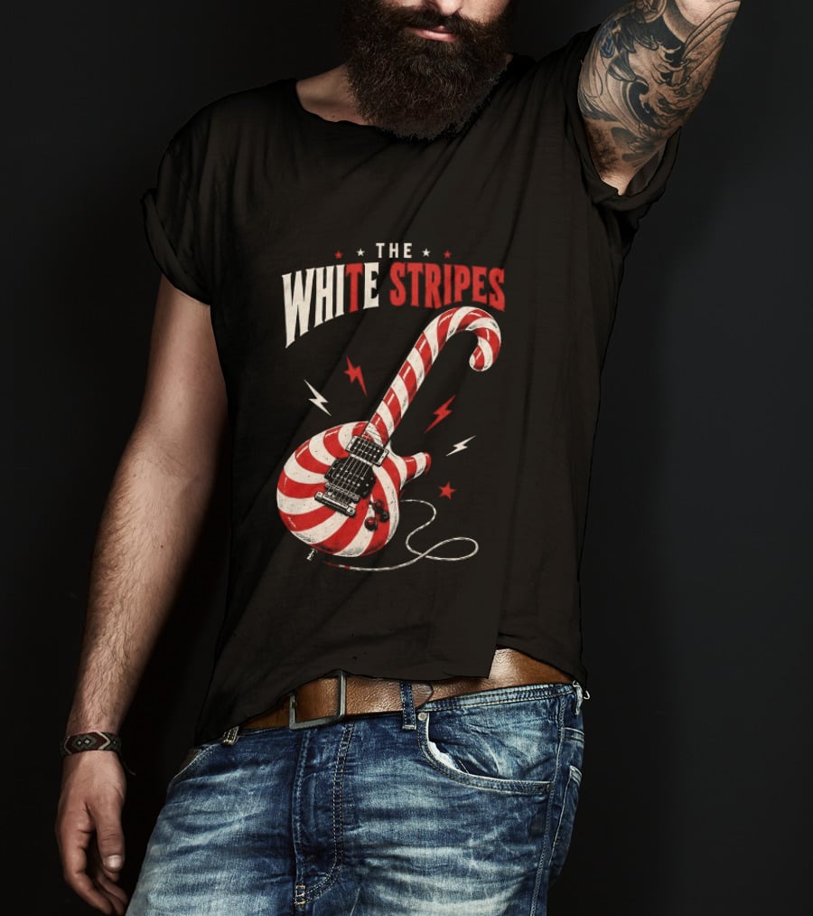The White Stripes Candy Cane Christmas Guitar Rock Themes T-Shirt